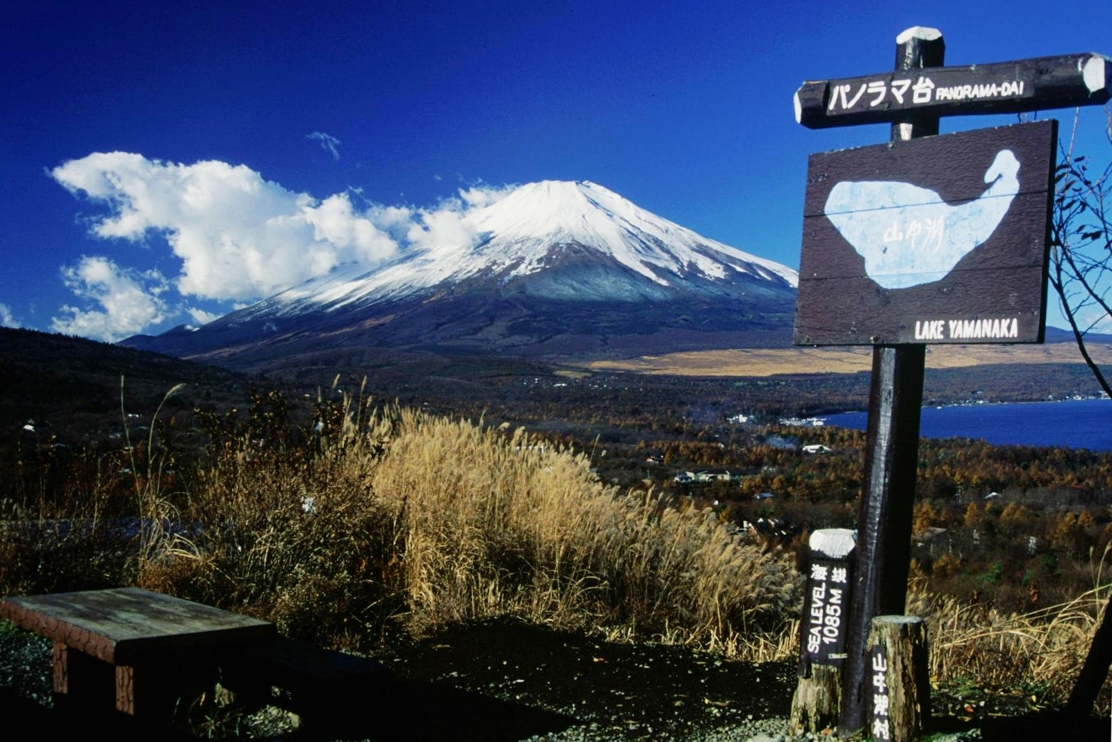 明神山パノラマ台から見た富士山と山中湖（日中）